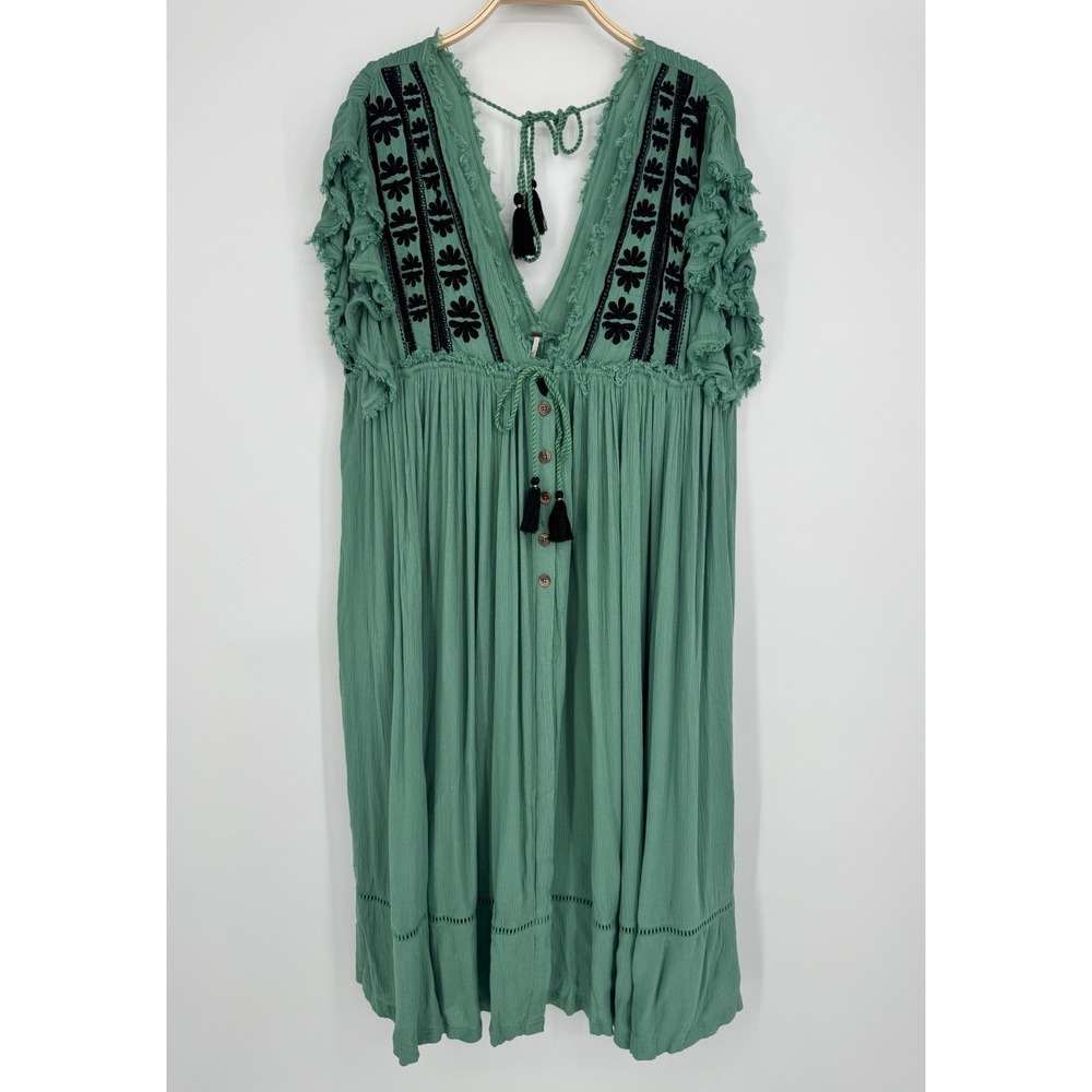 Free People Beach Comber Dress Medium Green Embroidered Boho Peasant Cottage - Picture 3 of 12